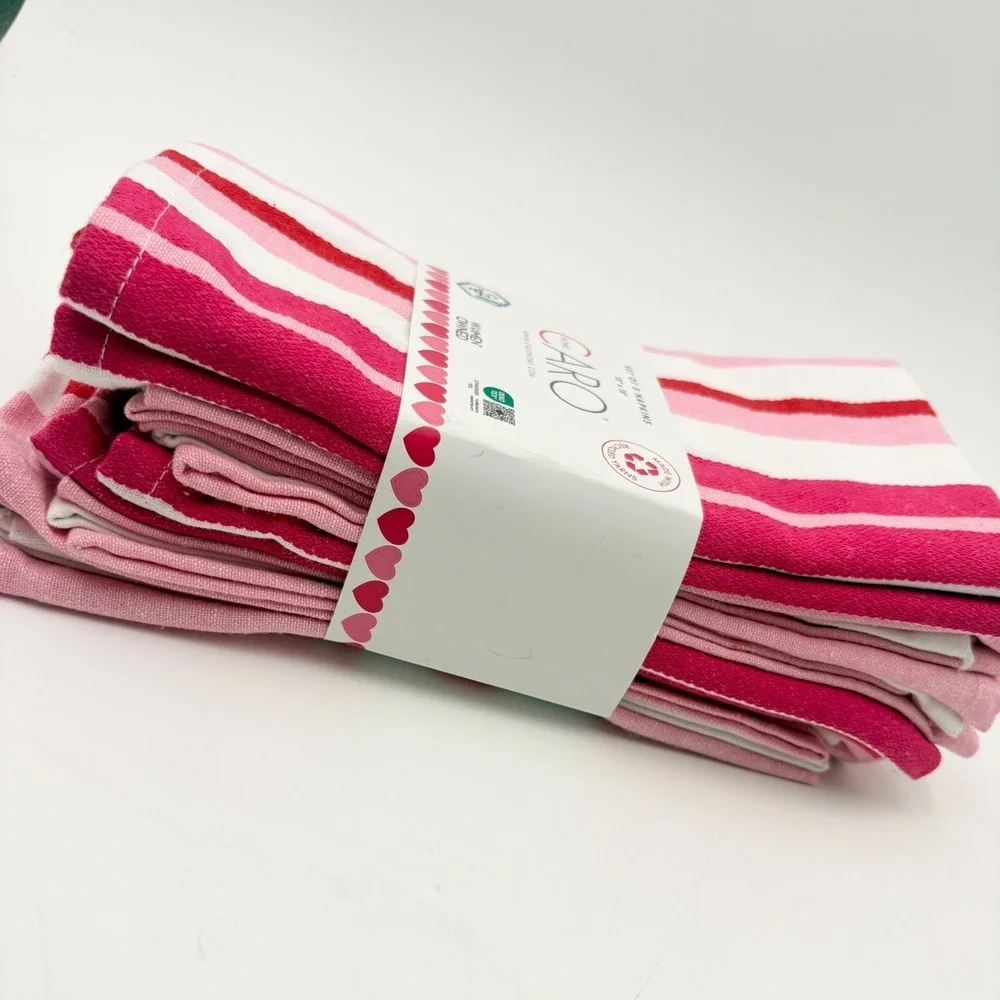 Caro Home Set‎ of 8 Pink Red Striped Cloth Napkins 18x18 Recycled Yarn New